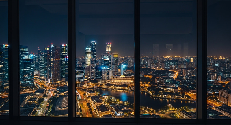 Singapore Glass Window View at Night | Urban Cityscape Marvel Singapore Glass Window View at Night | Urban Cityscape Marvel