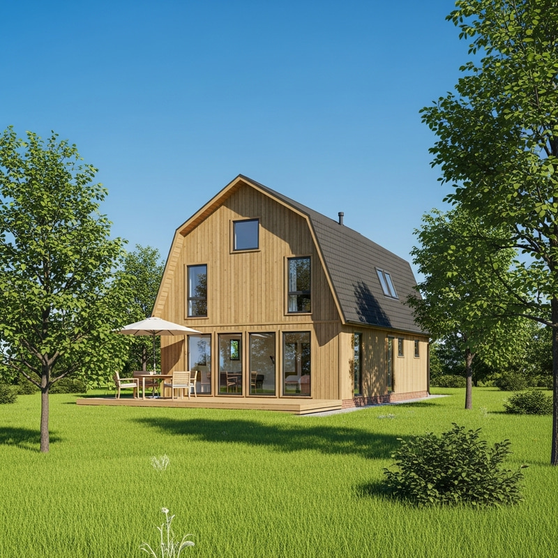 Create Panel-Frame Barnhouse Amidst Greenery and Blue Sky Create Panel-Frame Barnhouse Amidst Greenery and Blue Sky