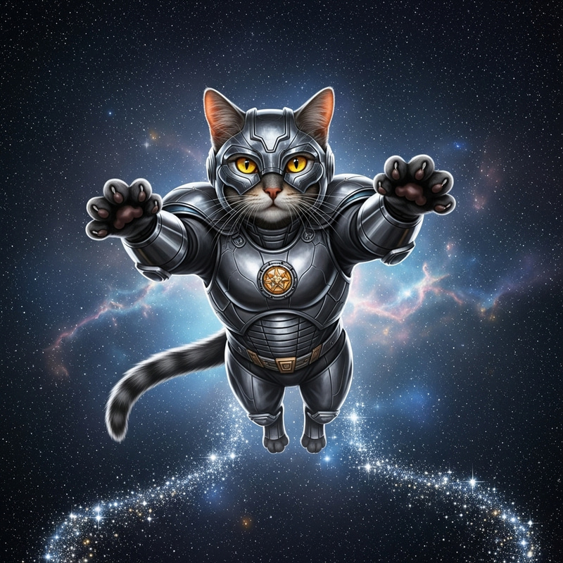 Superhero Cat Soars Through Cosmic Depths