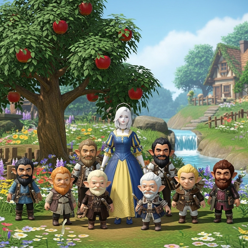 Snow White and the Seven Dwarfs in Enchanted Garden Landscape Snow White and the Seven Dwarfs in Enchanted Garden Landscape