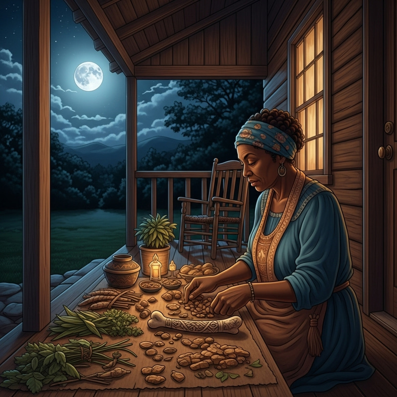 Serene Night Scene with Wise African American Woman Rootworker Herbalist Serene Night Scene with Wise African American Woman Rootworker Herbalist
