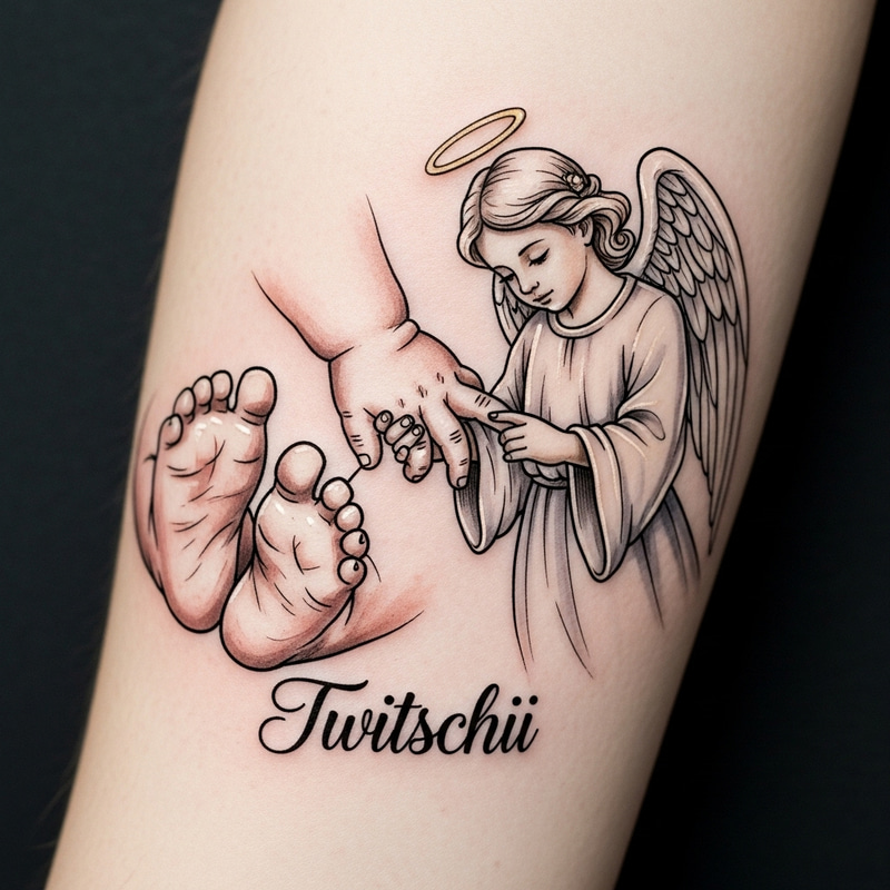 Sketch Watercolor Tattoo of Baby's Feet and Hands with Angel and 'Twiitschii' Design