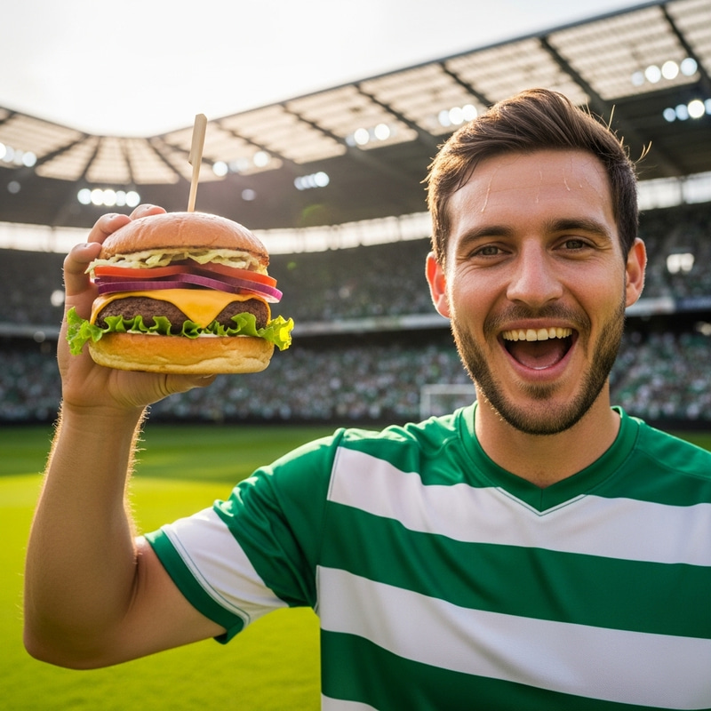 Soccer Player Triumphantly Holds Burger Trophy in Stadium