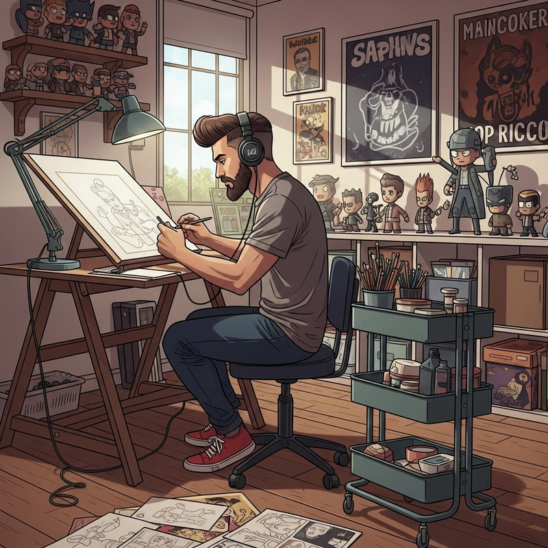 Comic Illustrator Working on Drawing Table Scene with Music and Accessories