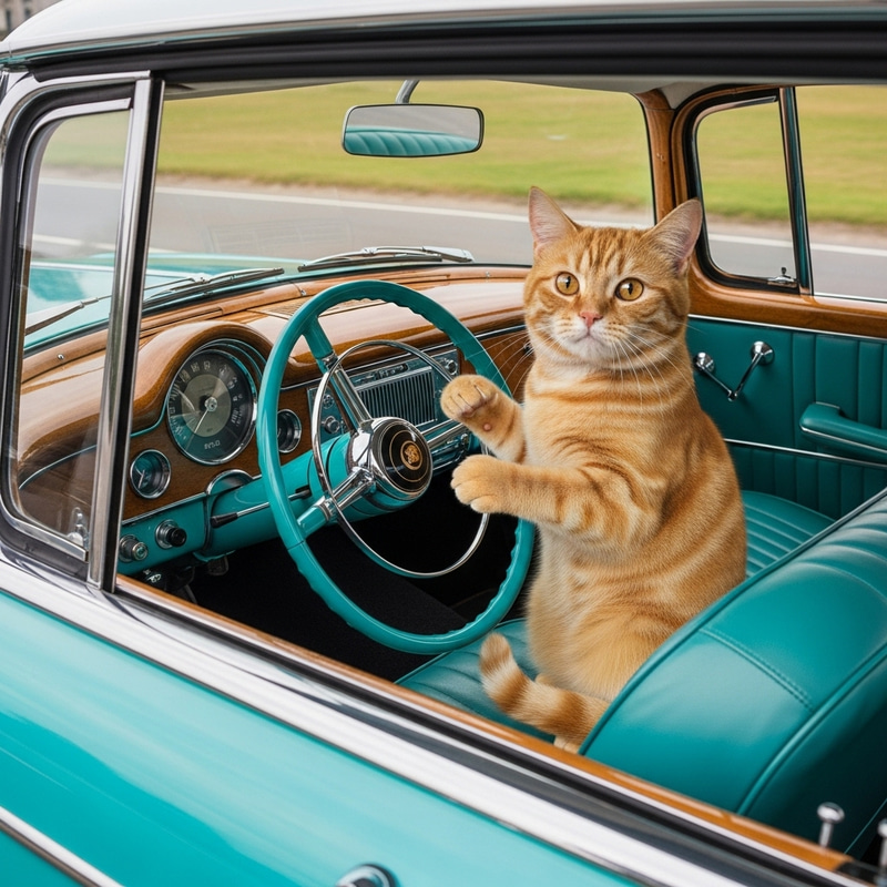 Cute Orange Tabby Cat Driving Vintage Turquoise Car