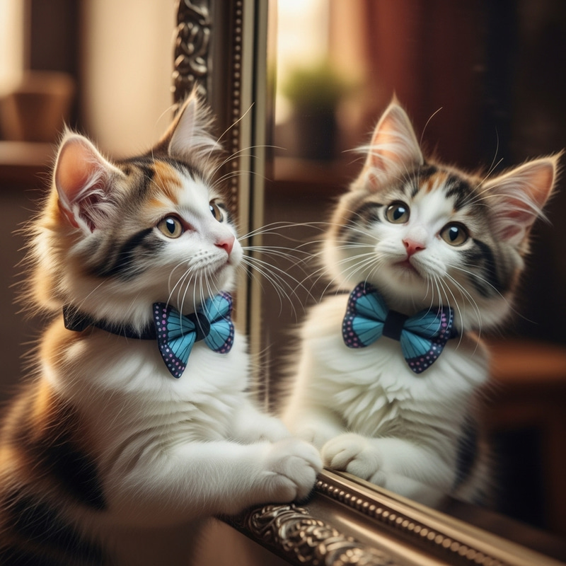 Charming Calico Kitten Watching Reflection | Butterfly Bow