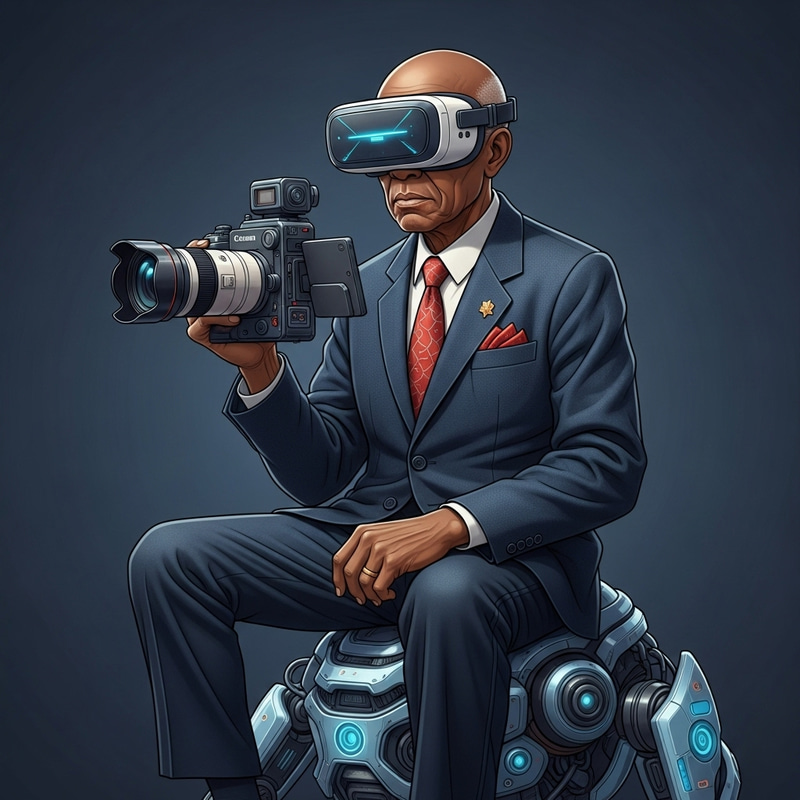 Futuristic African American Photographer with Canon Camera and Apple VR Goggles Futuristic African American Photographer with Canon Camera and Apple VR Goggles