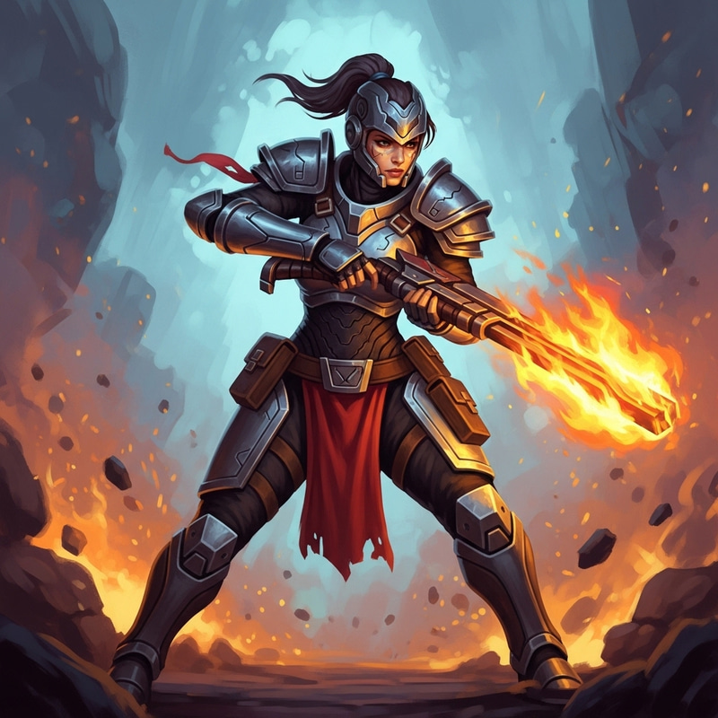 Female Warrior in Futuristic Armor with Blazing Weapon Female Warrior in Futuristic Armor with Blazing Weapon