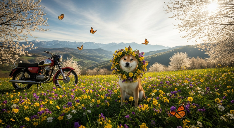 Springtime in Slovakia: Blooming Trees, Sunshine, and Shiba Inu with Wildflower Wreath Springtime in Slovakia: Blooming Trees, Sunshine, and Shiba Inu with Wildflower Wreath