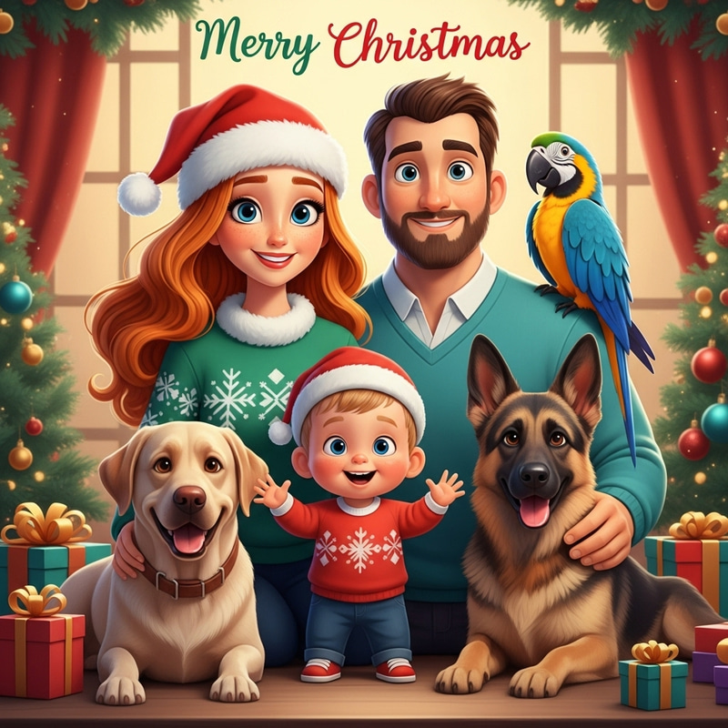 Whimsical Christmas Family Portrait with Disney Pixar Style Whimsical Christmas Family Portrait with Disney Pixar Style