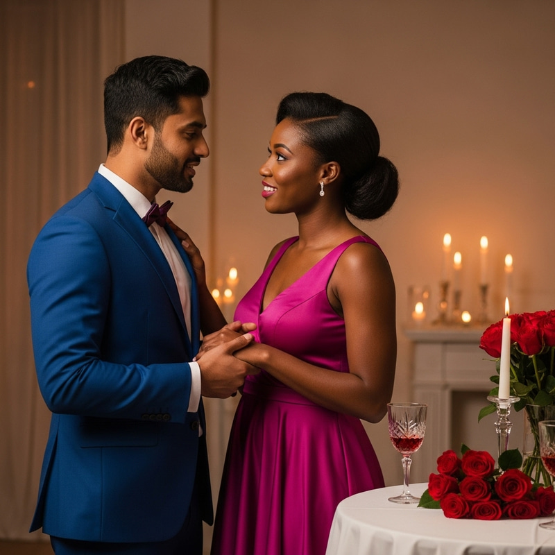Intimate Scene: Elegant South Asian Man & Black Woman in Respectful Conversation Intimate Scene: Elegant South Asian Man & Black Woman in Respectful Conversation