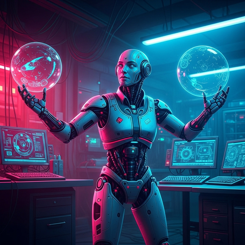 AI-Powered Robot in Futuristic Laboratory: High-Contrast Cyberpunk Scene AI-Powered Robot in Futuristic Laboratory: High-Contrast Cyberpunk Scene