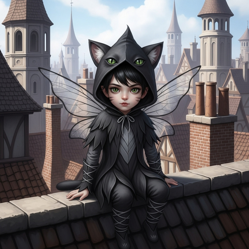 Enchanting Black Cat Fairy Boy on Medieval Rooftop Enchanting Black Cat Fairy Boy on Medieval Rooftop