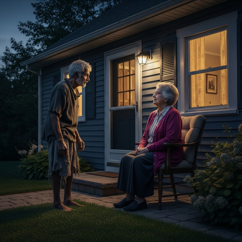 Heartwarming Scene: Beggar Seeks Shelter at Elderly Woman's Home