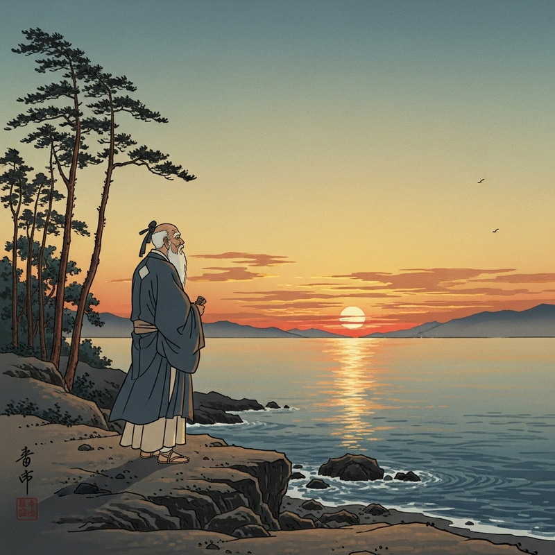 Tranquil Scene in Japanese Art | Sage Watching Sunset Tranquil Scene in Japanese Art | Sage Watching Sunset
