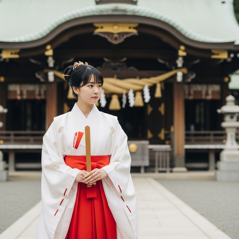 Japanese Miko Priestess at Serene Shinto Shrine Japanese Miko Priestess at Serene Shinto Shrine