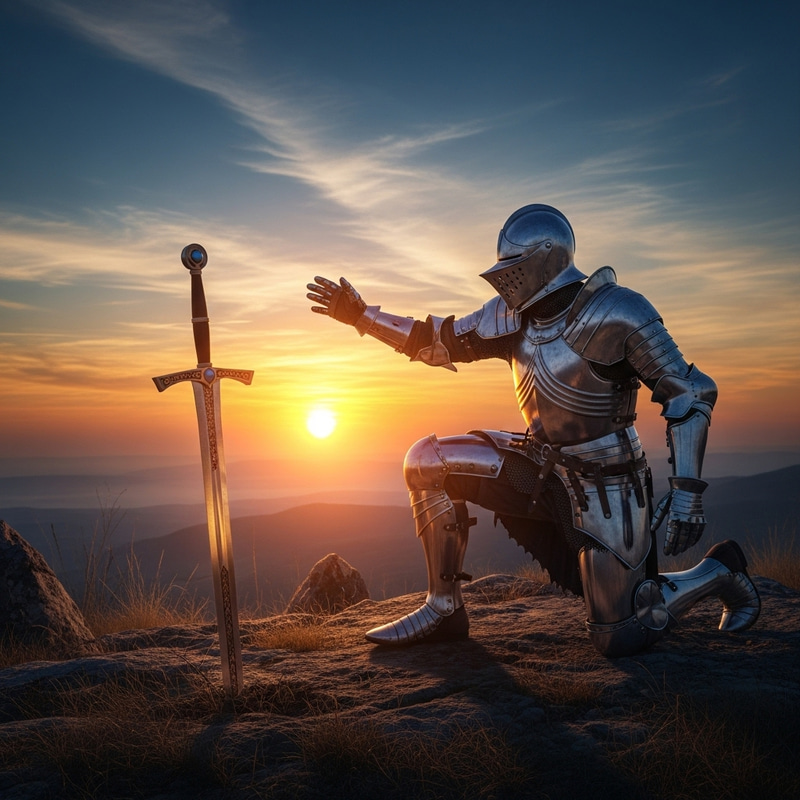 Knight Kneels at Sunrise Reaching for the Sun Knight Kneels at Sunrise Reaching for the Sun