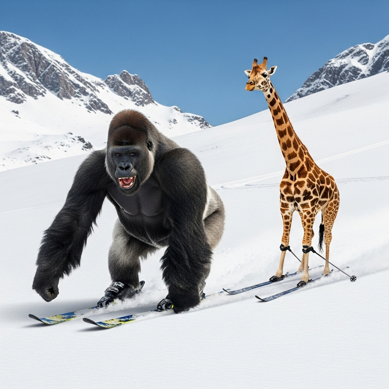 A Gorilla and Giraffe Skiing Down a Snow-Covered Mountain