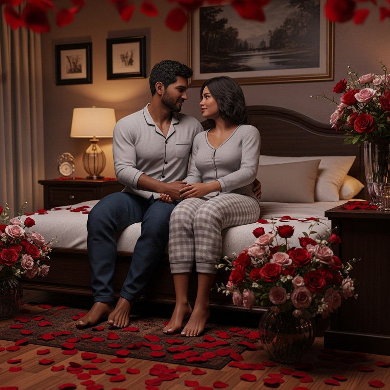 Romantic 3D Image: Man and Woman in Love Laying in Bed with Roses Romantic 3D Image: Man and Woman in Love Laying in Bed with Roses