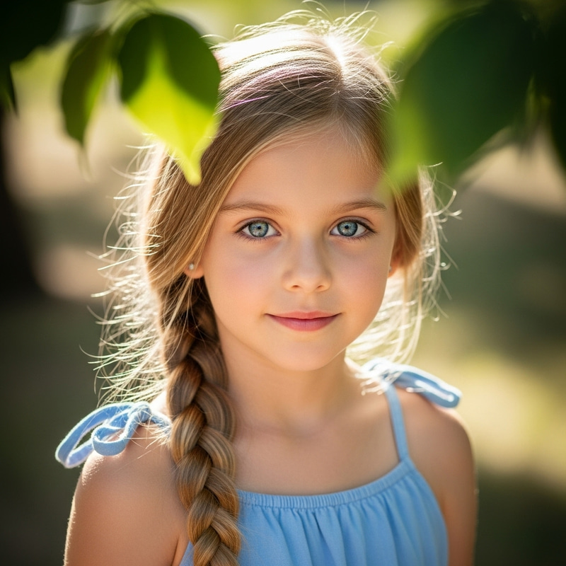 Beautiful Russian Girl in Blue Sundress with Long Blonde Braid Beautiful Russian Girl in Blue Sundress with Long Blonde Braid