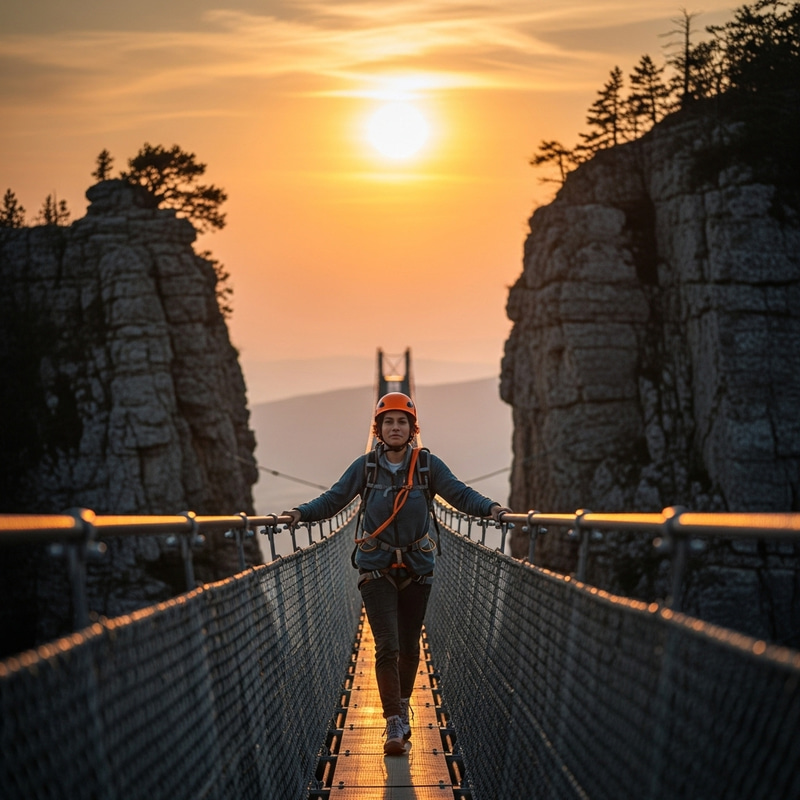 Breathtaking Sunset Scene: Person Crossing Suspension Bridge in Nature Breathtaking Sunset Scene: Person Crossing Suspension Bridge in Nature