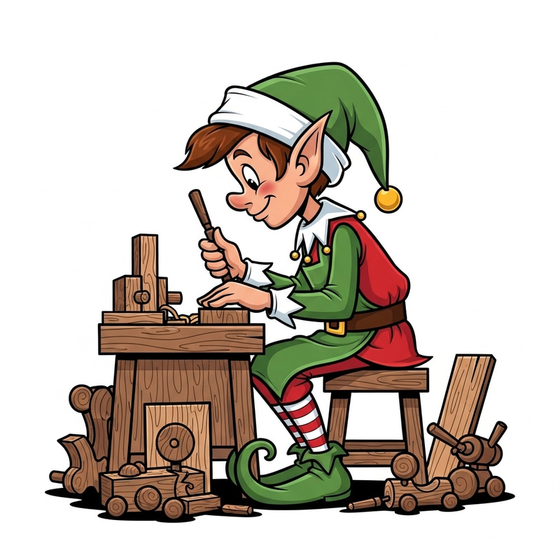 Iconic Cartoon Elf Woodworker Making Christmas Toys Iconic Cartoon Elf Woodworker Making Christmas Toys