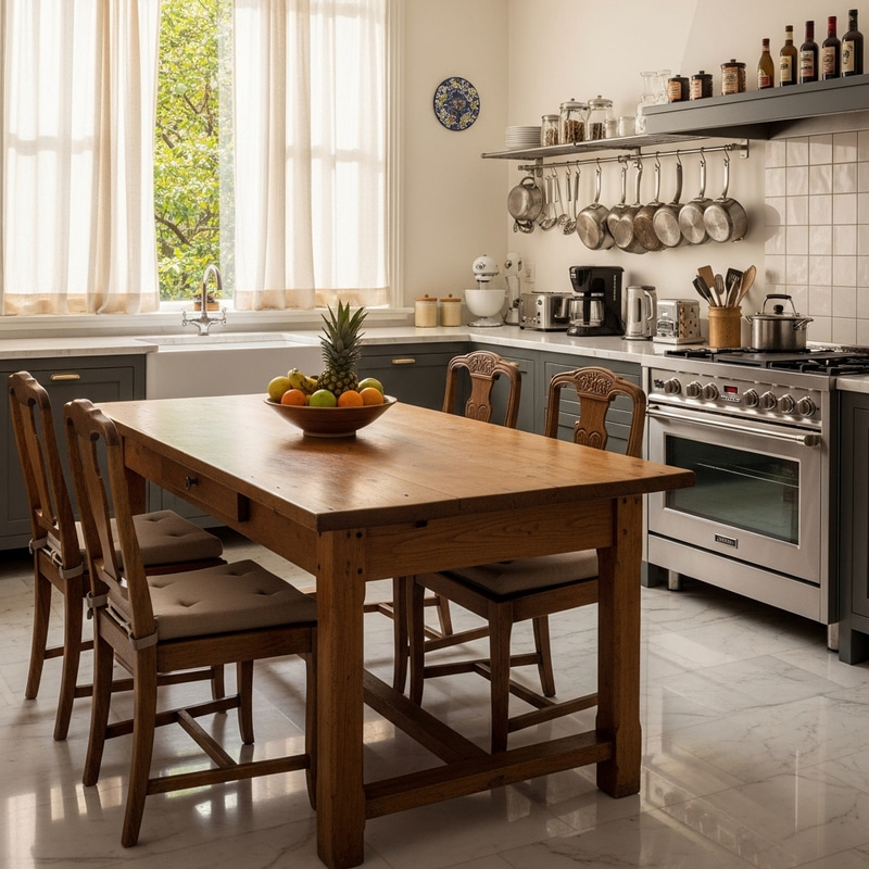 Cozy Kitchen Interior: Wood Table & Marble Floors Cozy Kitchen Interior: Wood Table & Marble Floors