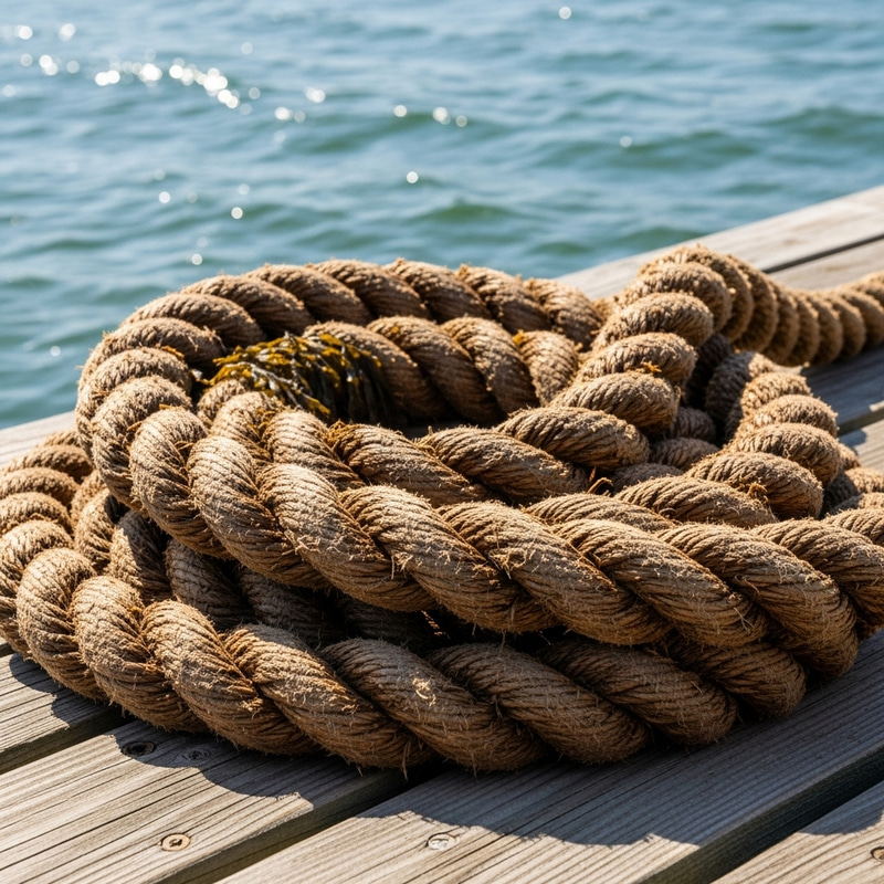 Thick Durable Mooring Rope on Sunlit Wooden Pier