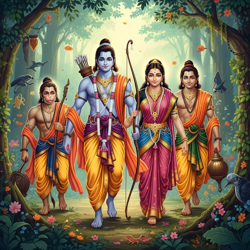 Epic Ramayana Scene: Rama Returns with Smiling Face, Sita, Bharata, and Hanuman in Forest