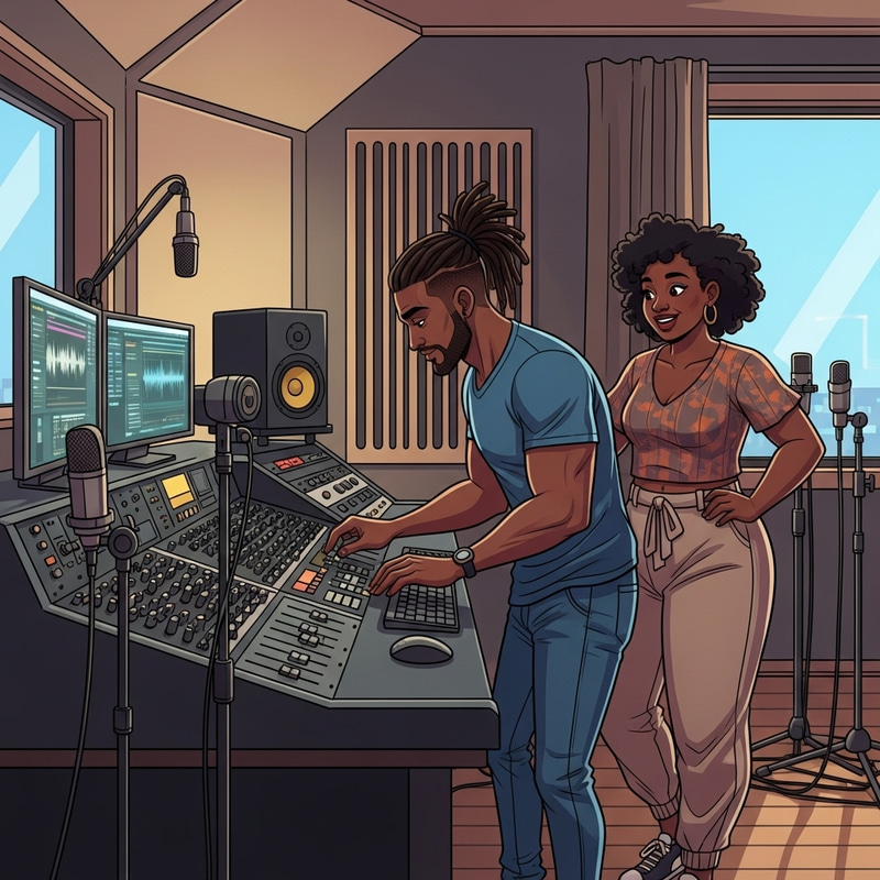 Cartoon Man with Dreadlocks in Recording Studio with Girlfriend Cartoon Man with Dreadlocks in Recording Studio with Girlfriend