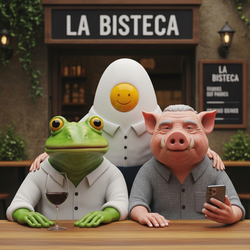 Quirky 3D Pig, Egg, and Frog Characters Behind Table Quirky 3D Pig, Egg, and Frog Characters Behind Table