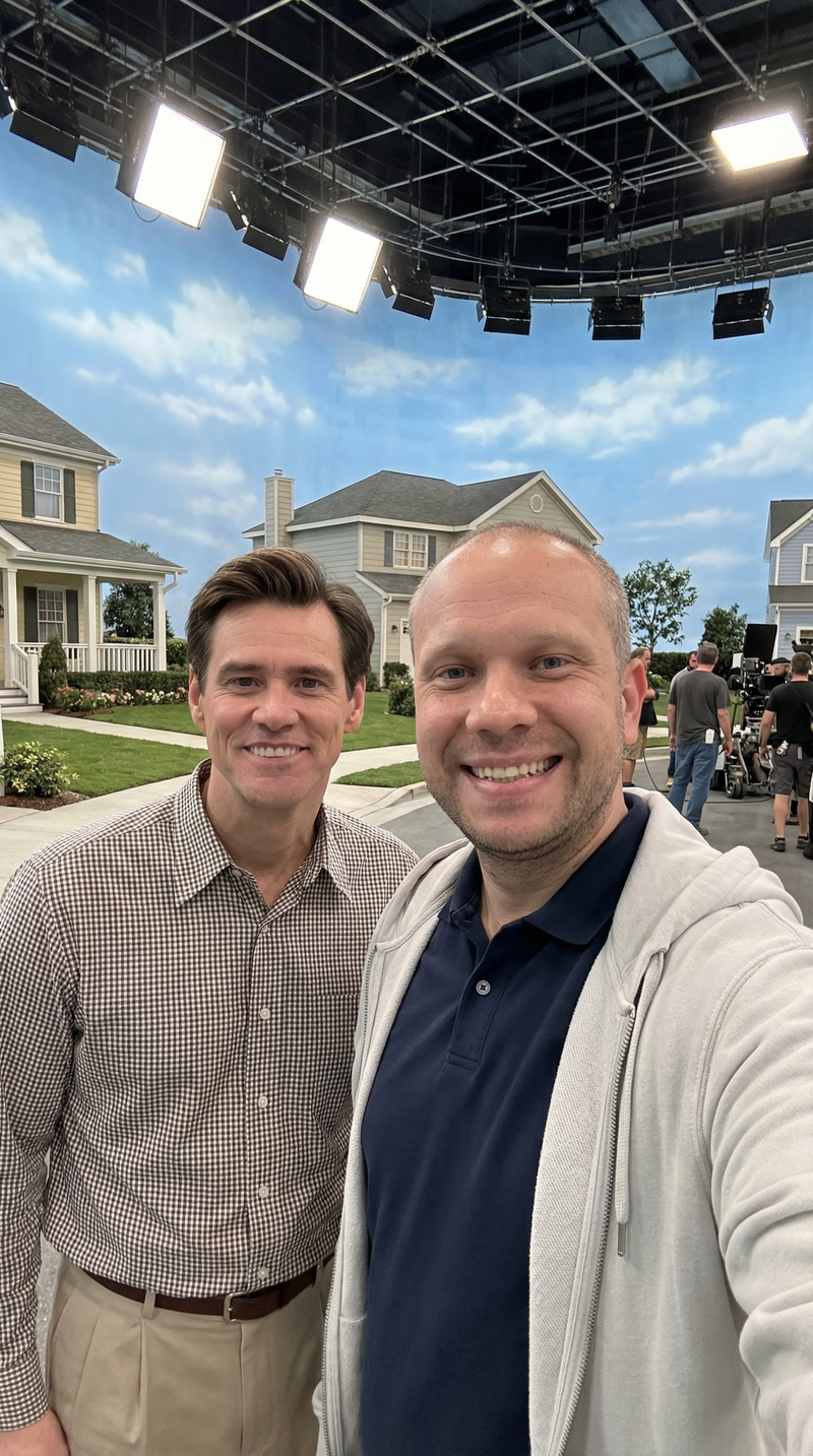 Ultra-Realistic Selfie with Jim Carrey from Truman Show Ultra-Realistic Selfie with Jim Carrey from Truman Show