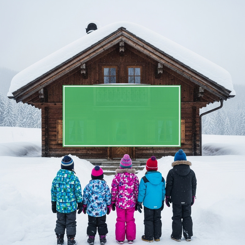 Snowy Chalet Scene with Kids in Warm Attire for Image Overlay Snowy Chalet Scene with Kids in Warm Attire for Image Overlay