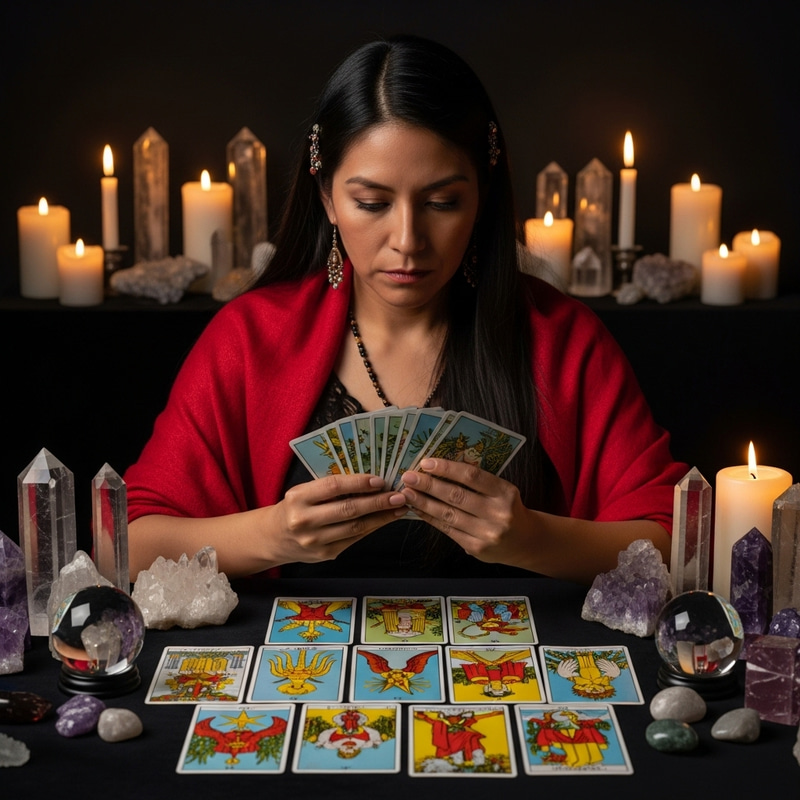 Hispanic Tarot Card Reader in Mystical Setting