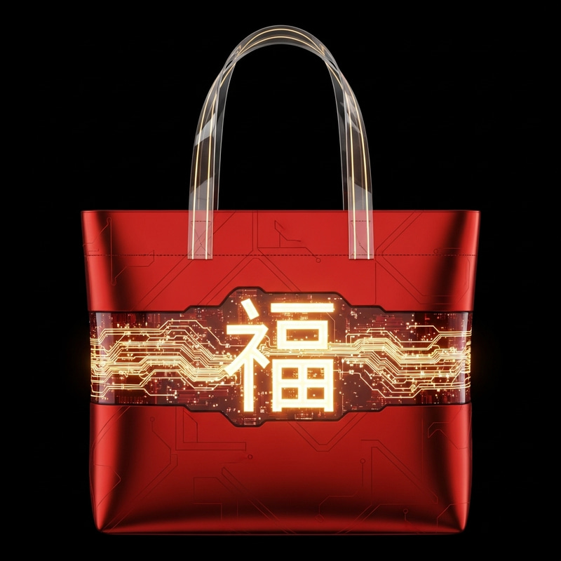 Modern Red Packet Tote Bag with Futuristic '福' Design Modern Red Packet Tote Bag with Futuristic '福' Design