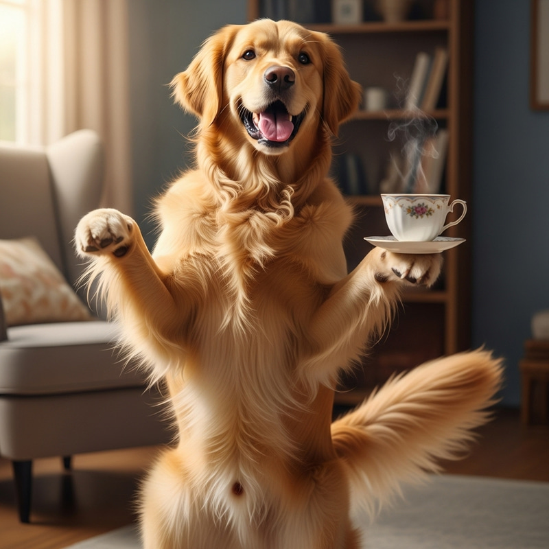 Playful Dancing Dog with Tea Cup | Joyful and Cute
