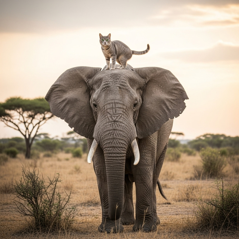 Cat on Top of an Elephant: A Playful Encounter Cat on Top of an Elephant: A Playful Encounter