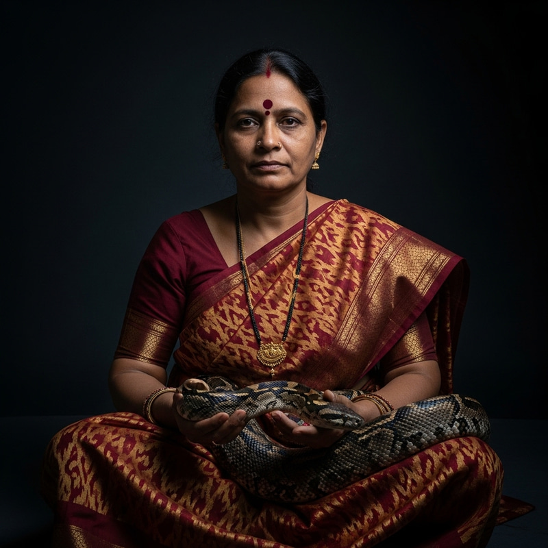 Calm Woman with Snake in Dim Lighting Calm Woman with Snake in Dim Lighting