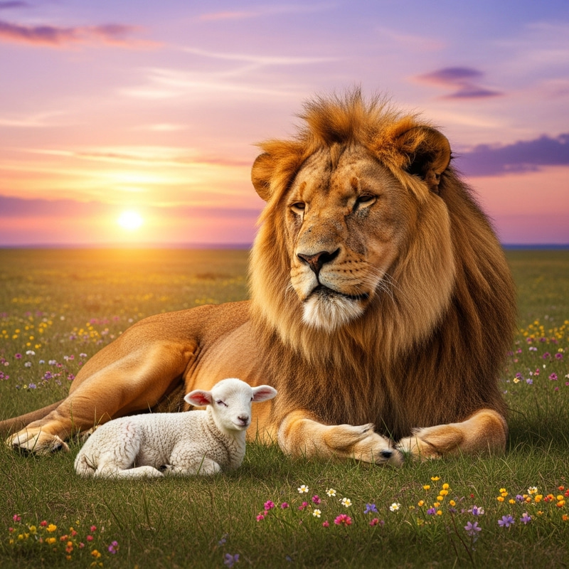 Majestic Lion and Baby Lamb Embrace Peaceful Harmony
