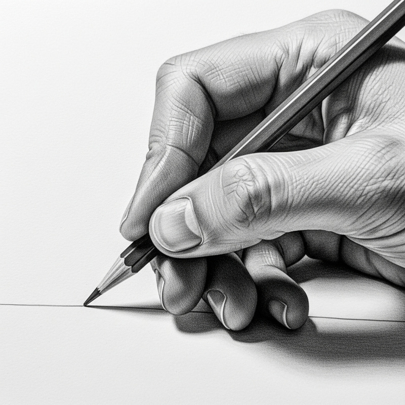 Lifelike Pencil Drawing: Hand Holding Pencil with Textured Detail Lifelike Pencil Drawing: Hand Holding Pencil with Textured Detail