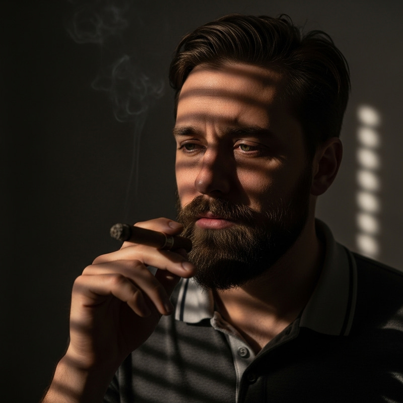 Somber Portrait of a Bearded Man with Cigar