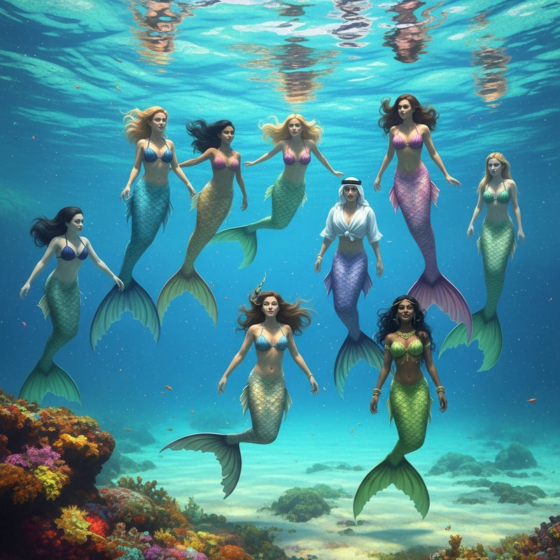Mystical Underwater Scene of Mermaids in Pastel Hues Mystical Underwater Scene of Mermaids in Pastel Hues