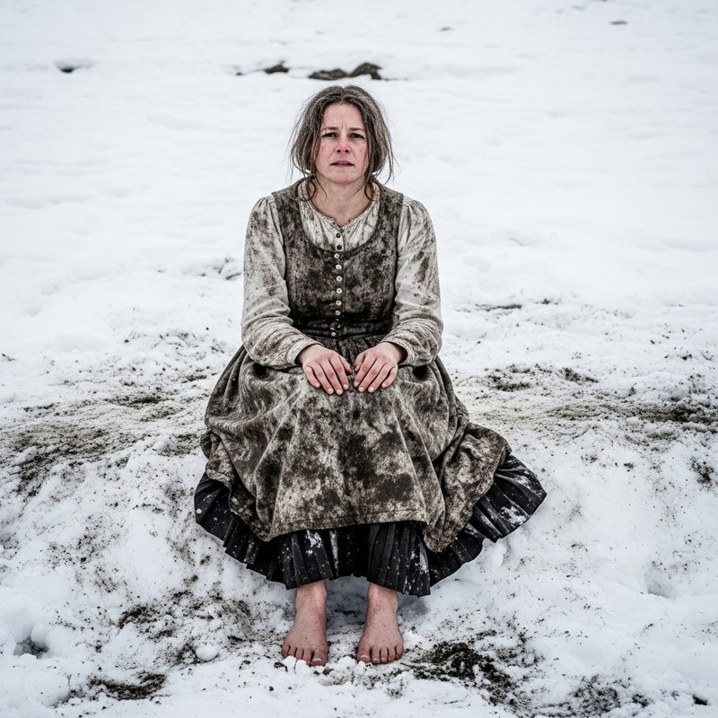 Woman in Dirty Dress Sits on Snow | Winter Scene Woman in Dirty Dress Sits on Snow | Winter Scene