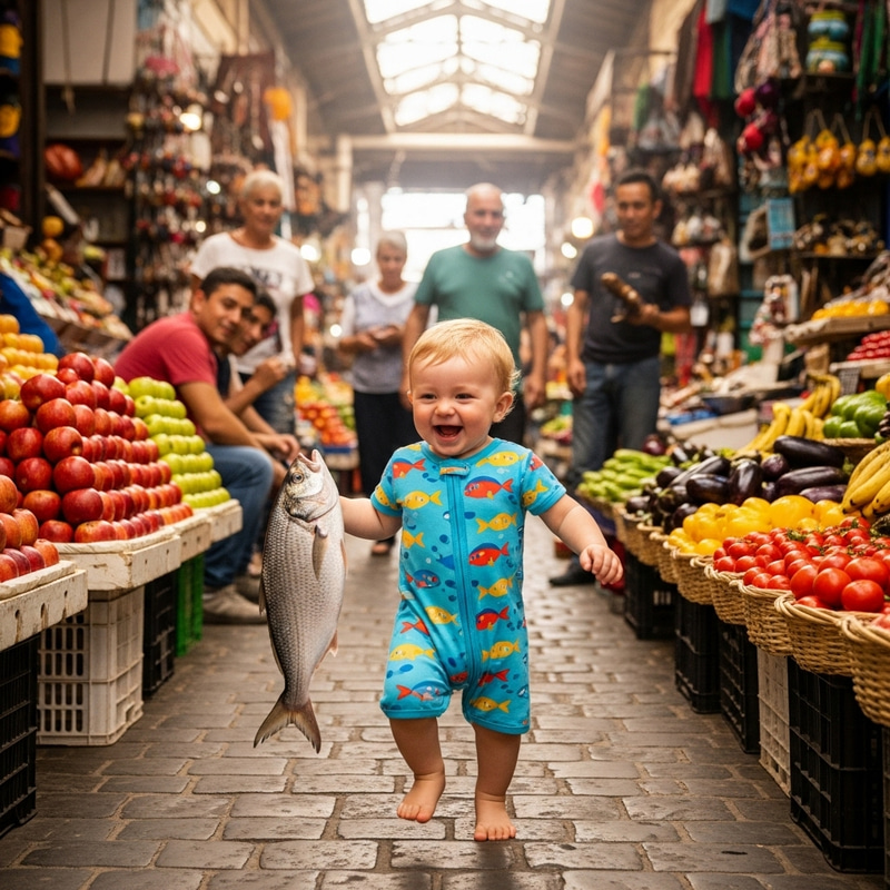 Cute Caucasian Baby Running in Marketplace with Fish Cute Caucasian Baby Running in Marketplace with Fish