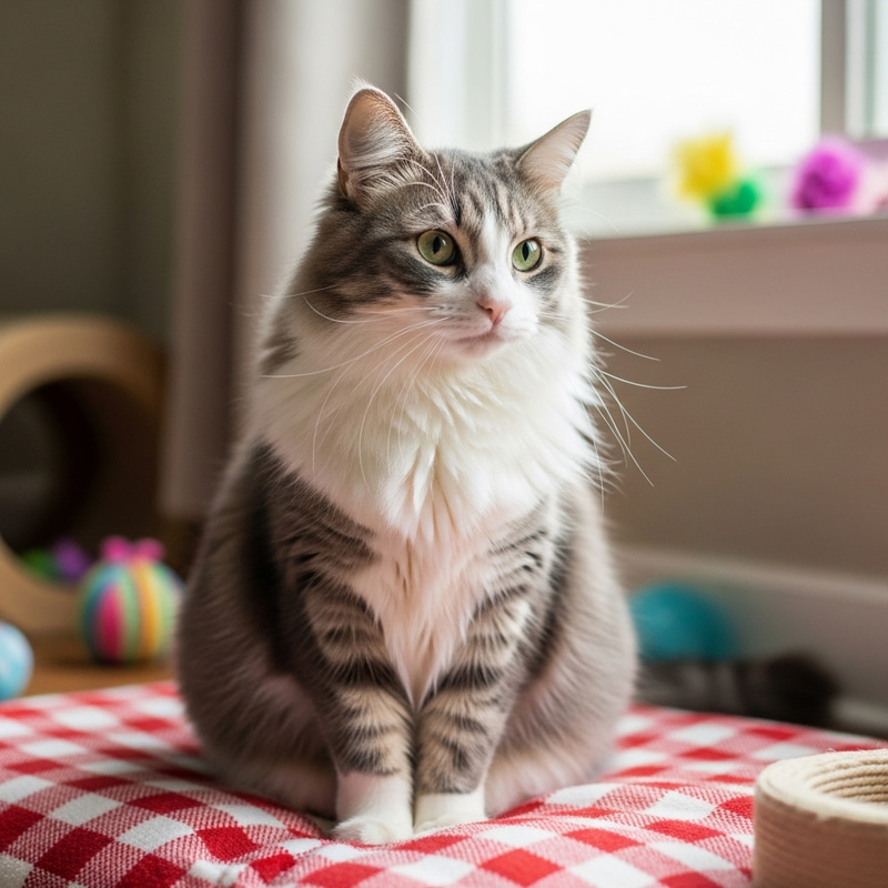 Fluffy Grey and White Cat with Green Eyes