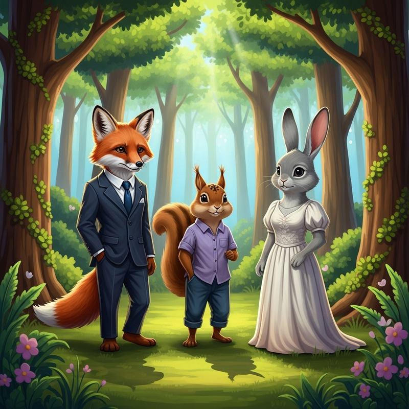 Charming Anthropomorphic Fox, Squirrel, and Rabbit Charming Anthropomorphic Fox, Squirrel, and Rabbit