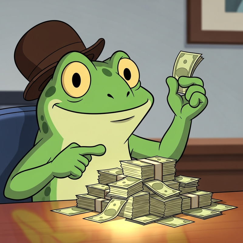 Joyful Cartoon Frog Counting Money in Bowler Hat Joyful Cartoon Frog Counting Money in Bowler Hat