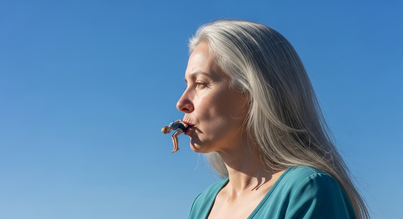 Surreal Encounter: Giantess and Unharmed Figure Under Azure Sky Surreal Encounter: Giantess and Unharmed Figure Under Azure Sky