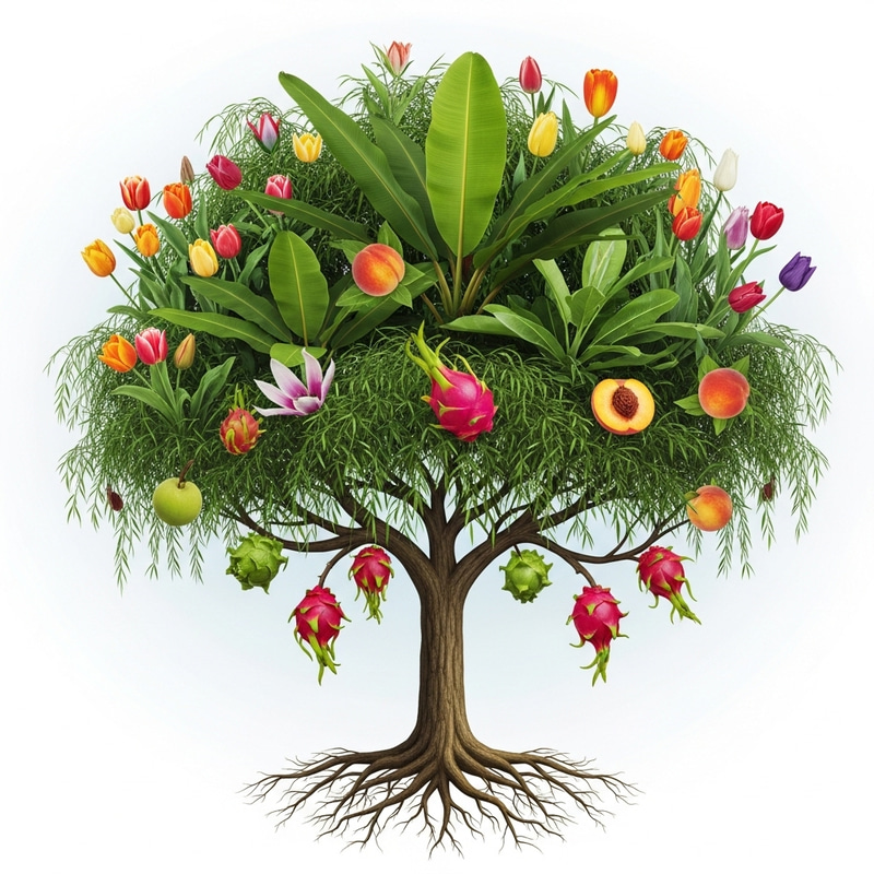 Unique Plant Organism: Oak Tree Trunk, Weeping Willow Branches, Banana Leaves, Tulip Flowers, Dragon Fruit Unique Plant Organism: Oak Tree Trunk, Weeping Willow Branches, Banana Leaves, Tulip Flowers, Dragon Fruit