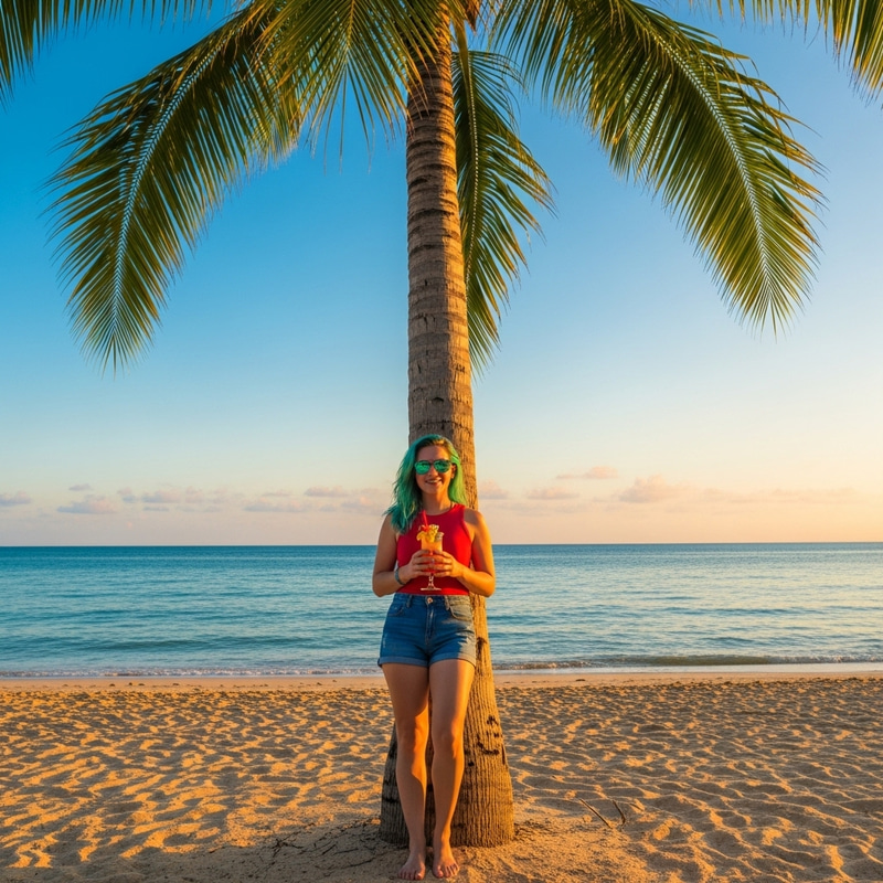 Stunning Beach Look with Teal-Colored Hair and Denim Shorts Stunning Beach Look with Teal-Colored Hair and Denim Shorts
